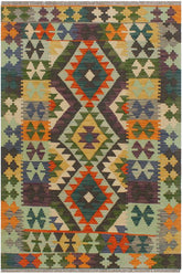 Flat Weave Kilim Antique Navaho Vintage handmade Geometric Kilim Rust Blue Hand-Woven Rectangle 100% Wool Area Rug 3x4